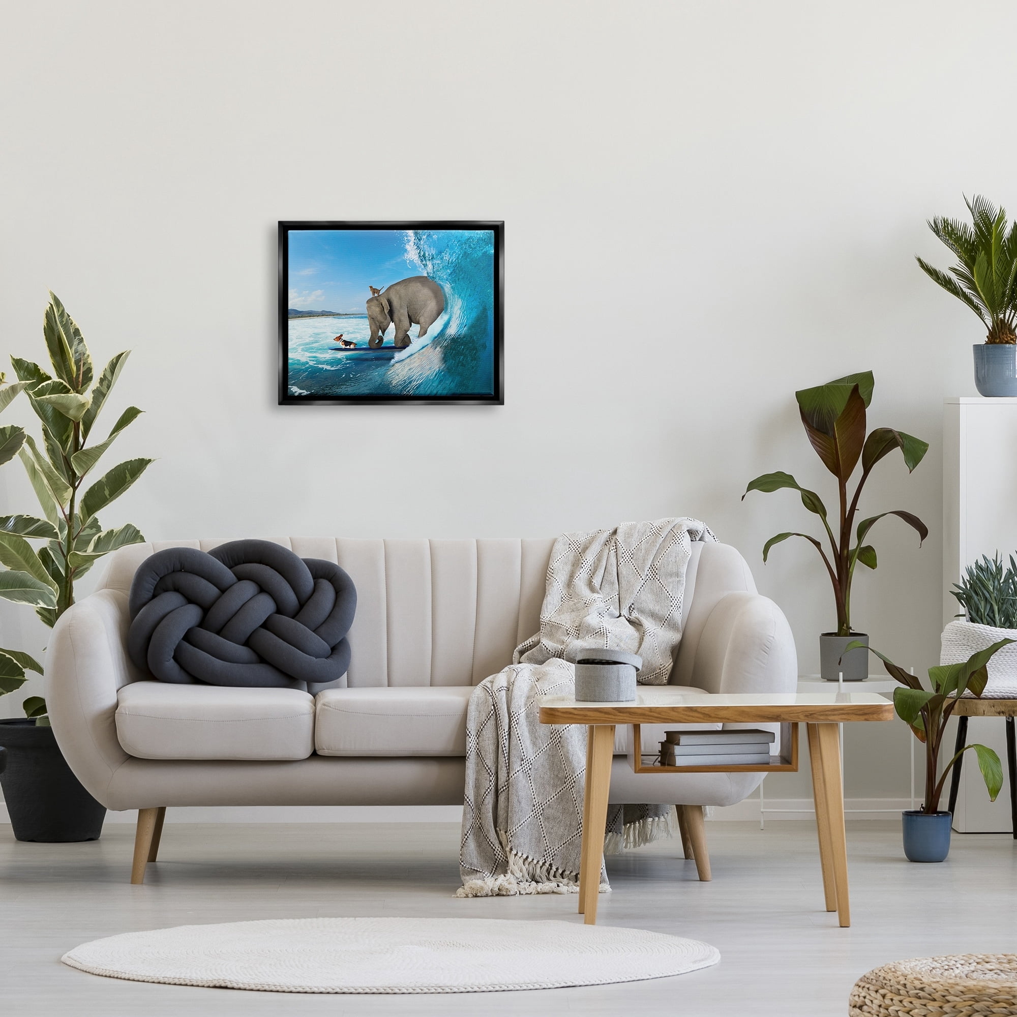 Stupell Industries Animals Riding Ocean Waves Surfing Elephant Cat Dog Graphic Art Luster Gray Floating Framed Canvas Print Wall Art, Design by Nobleworks