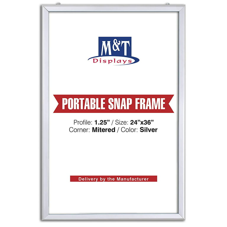 M&T Displays Portable Snap Frame, Poster Size, 1.25 with White Backing and  Anti-Glare Pet Cover (24x36, Silver) 