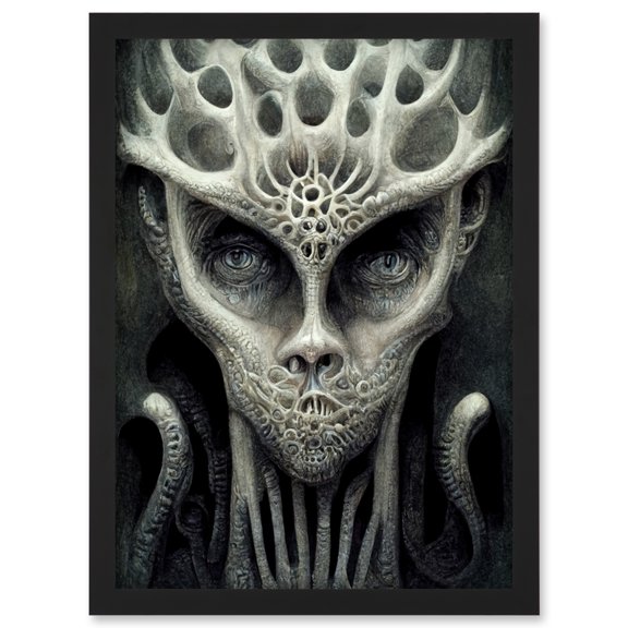 Organic Wise Alien Face With Human Eyes Artwork Framed Wall Art Print A4