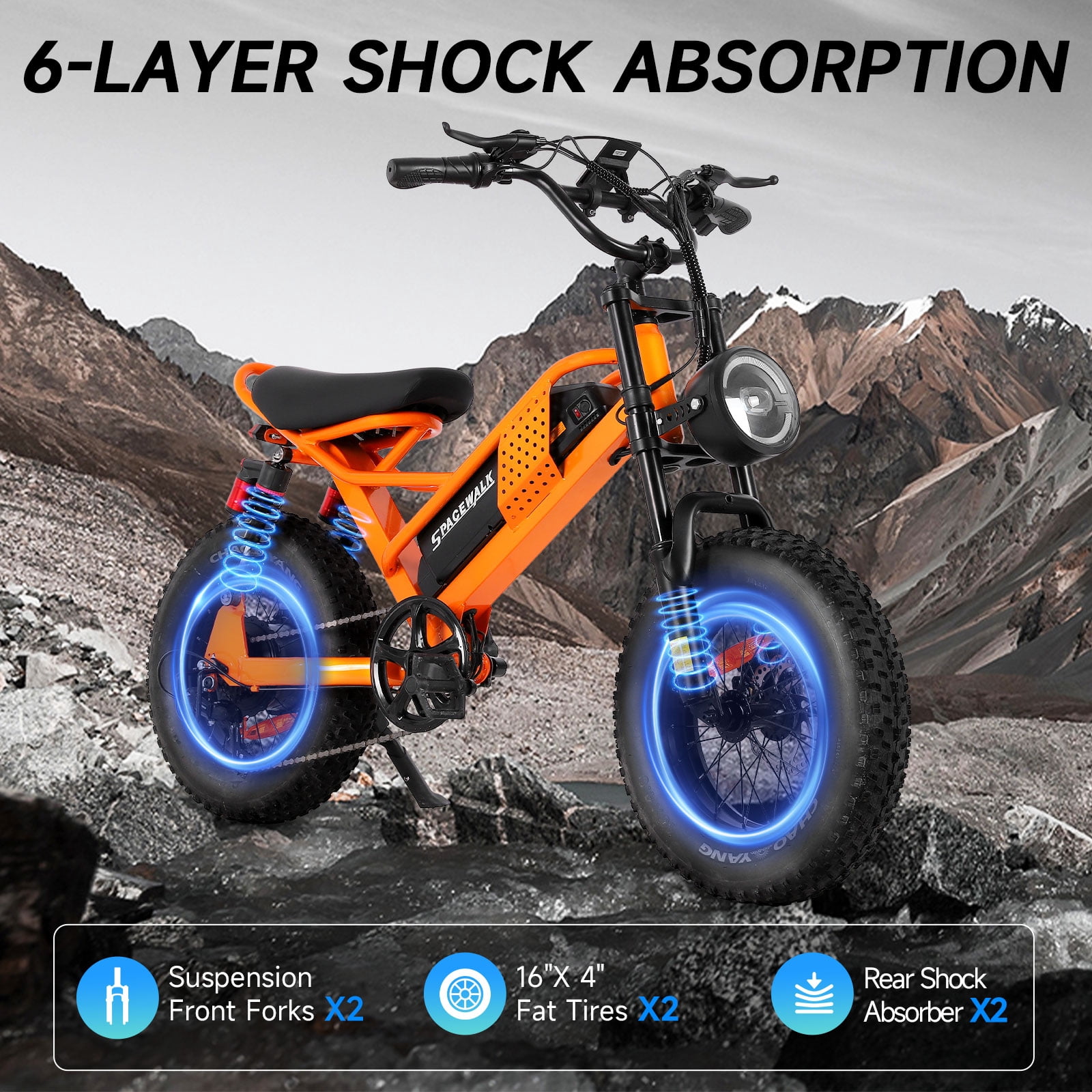 Spacewalk 16" Fat Tire Electric Bike – 750W Motor, 21.7MPH, 48V 15Ah Removable Battery – Compact Ebike for Riders 4'10" to 5'5" & Teens – 4 Shock Absorbers, Smooth Ride