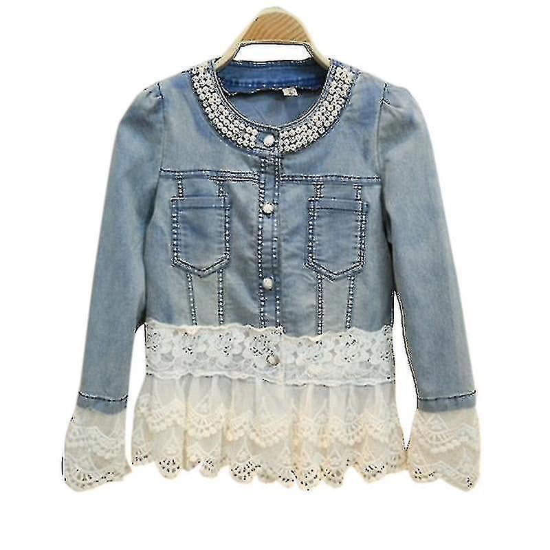 Plus Size Women Retro Slim Denim Jacket Lace Pearls Casual Jean Coat -2xl
