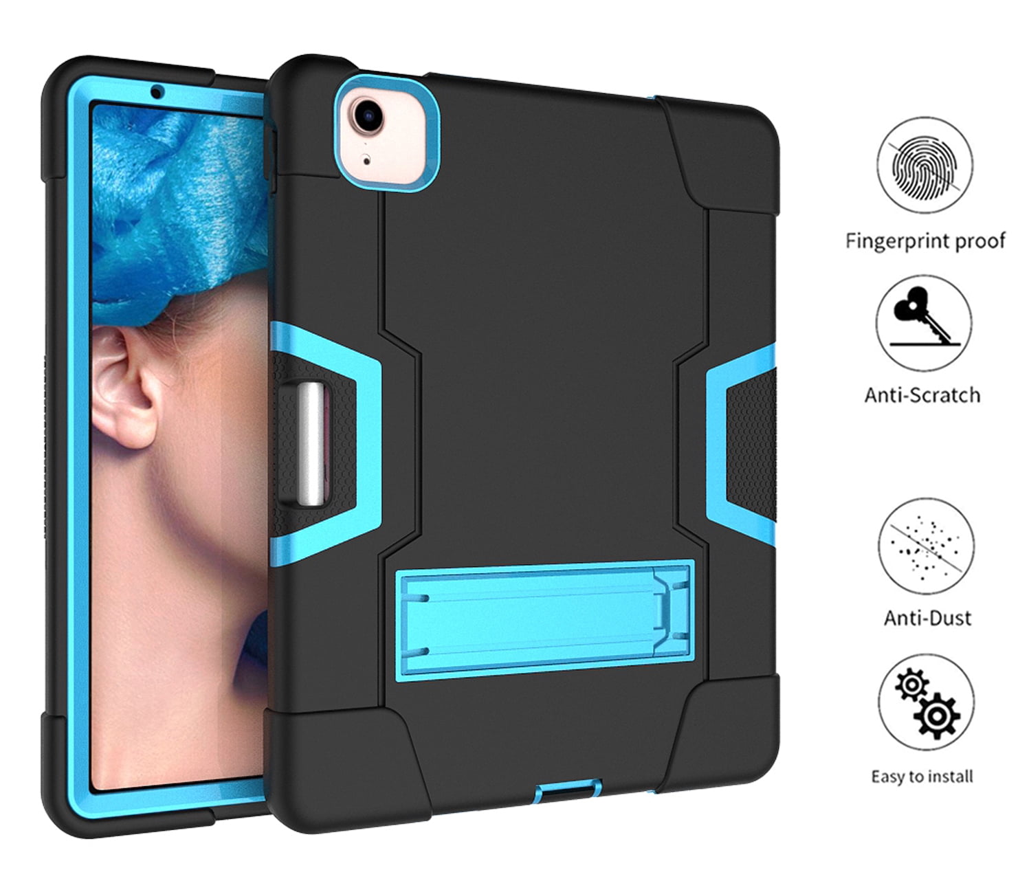 Allytech iPad Air 5 Case 2022, iPad Air 4 Case 2020, Heavy Duty Protection Shockproof Build In Kickstand Pencil Holder Kids Friendly Case for Apple iPad Air 5th 4th Generation, BlackBlack/Blue