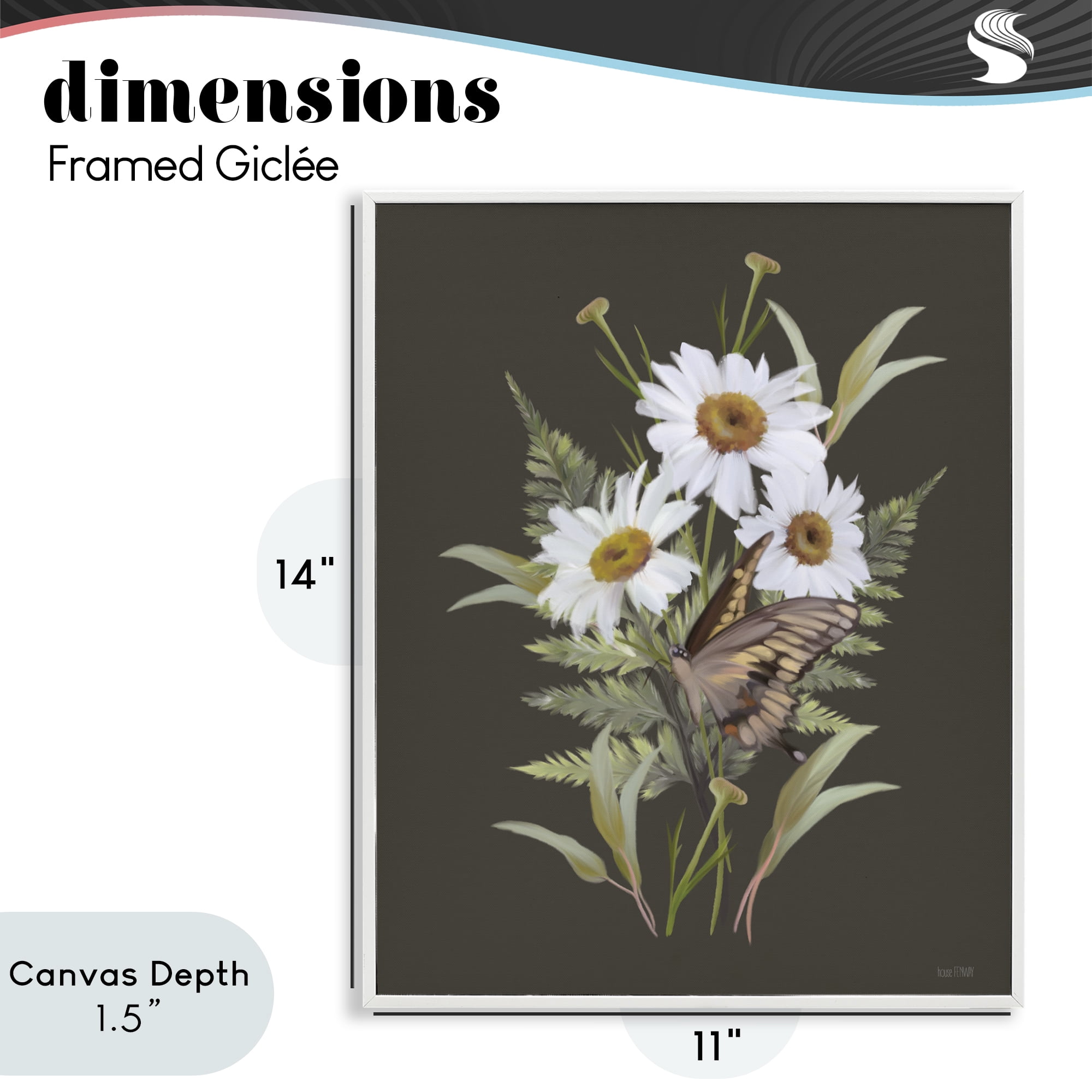 Stupell Industries Daisy Bouquet with Swallowtail White Framed Giclee Art, design by House Fenway