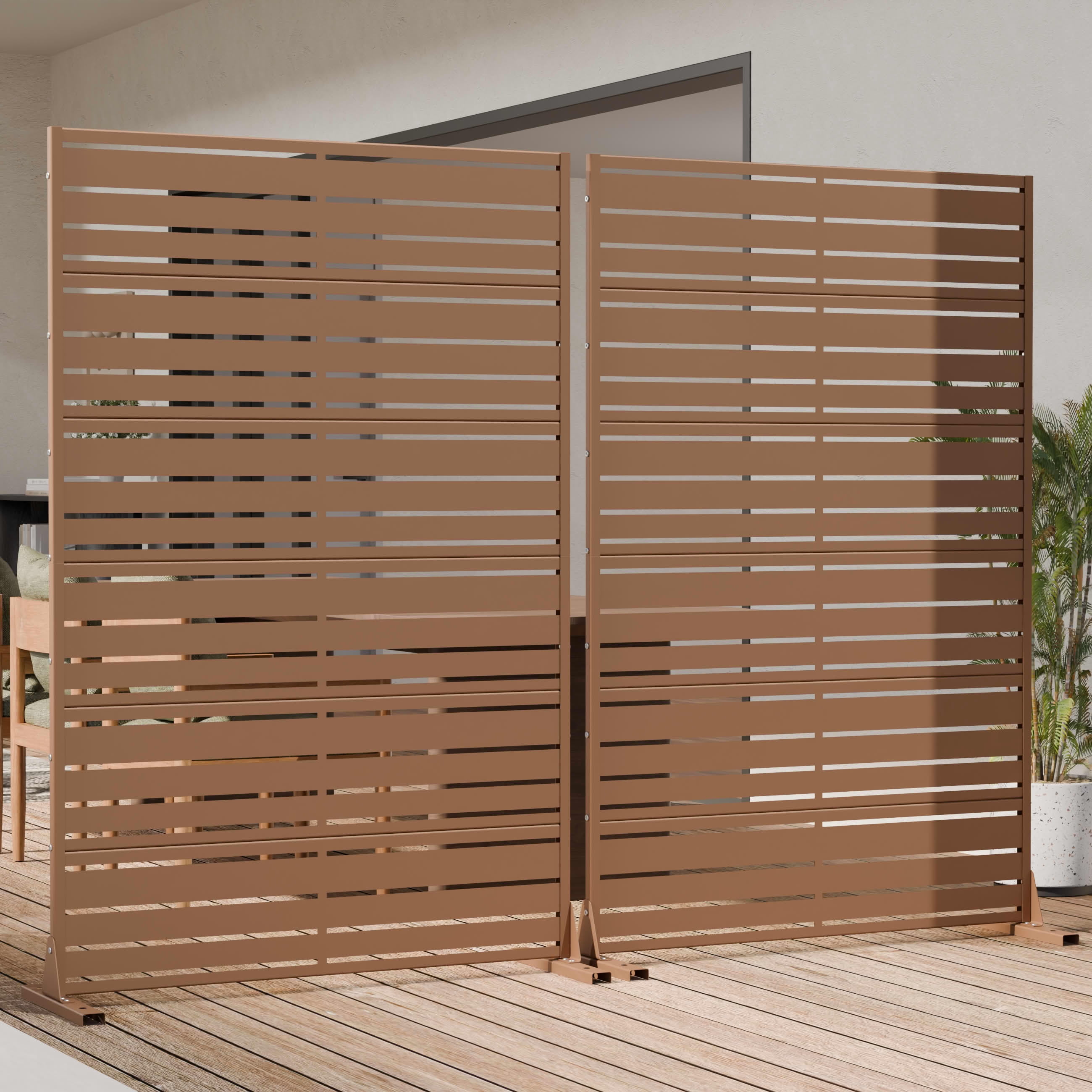 MAYEERTY 72"x47" Outdoor Privacy Screen, Brown 6-Panel Galvanized Steel Louver Panel, Wide-Narrow Pattern, for Balcony Deck Garden