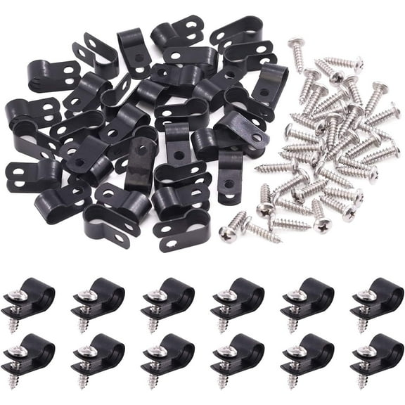 120 Pack Black 5/16 Inch Nylon Plastic R-Type Cable Clips Clamp Kit, Nylon Screw Mounting Cord Fastener Clips with 60 Pack Screws for Wire Management (5/16 Inch, Black)