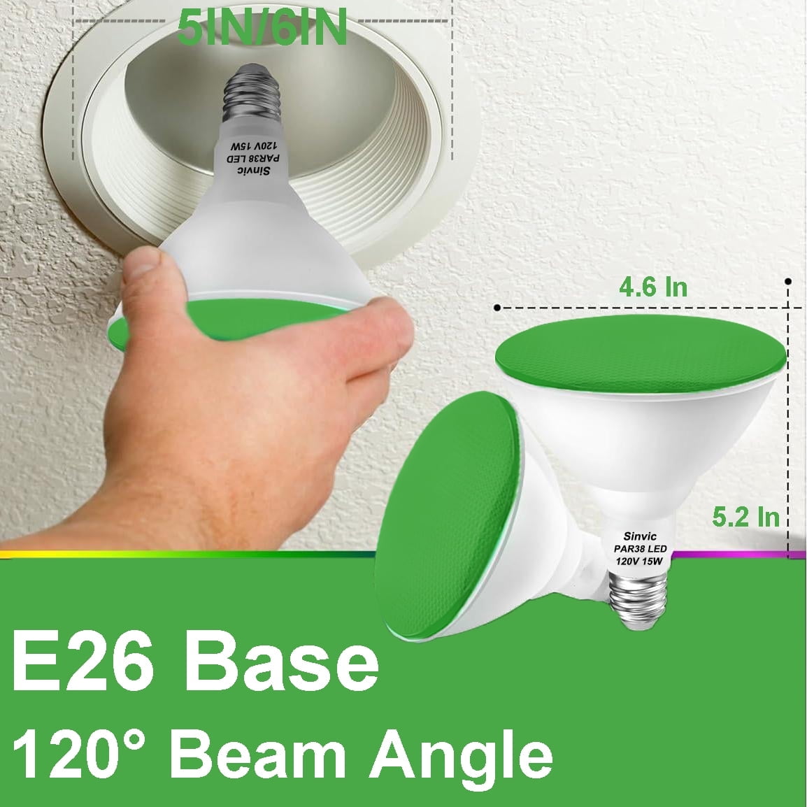 Sinvic 2 Pack Dimmable Green PAR38 LED Bulb 15W 150W Equiv 700LM 120V E26 Outdoor Flood Light