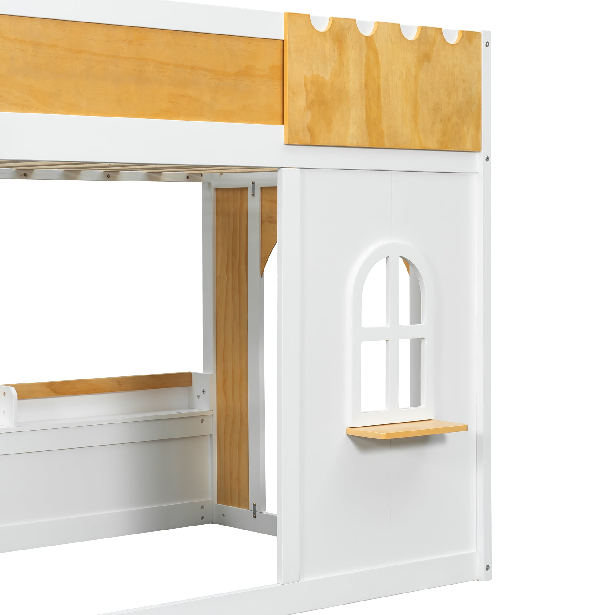 Euroco Wood Twin over Twin Bunk Bed with Storage Shelves, House Shaped Design Loft Bed, White & Natural