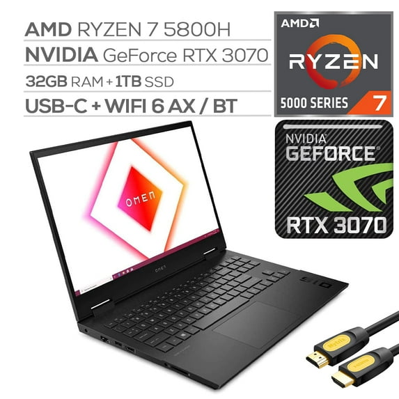 HP OMEN 15 Gaming Laptop, 15.6" 144Hz FHD IPS Display, GeForce RTX 3070, AMD 8-Cores Ryzen 7 5800H 32GB RAM, 1TB PCIe SSD, USB-C, Backlit KB, Wi-Fi 6, HDMI/DP, RJ-45, Mytrix HDMI Cable, Win 10