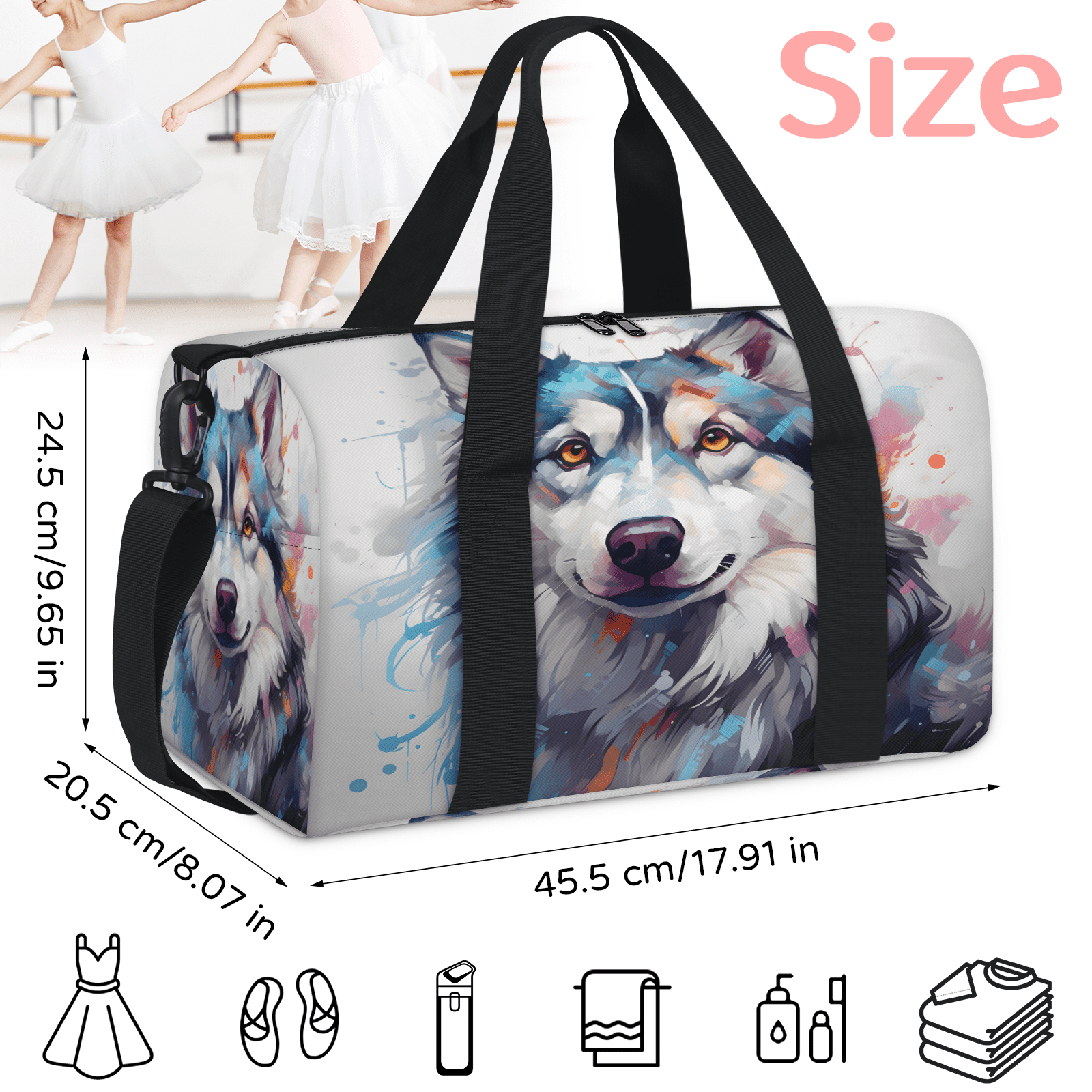 Herdesigns Wtaercolor Husky Dog Gym Bag for Women, Duffle Bag for Travel Sport, Lightweight Waterproof Carry on Weekender Overnight Dance Yoga Workout Bags