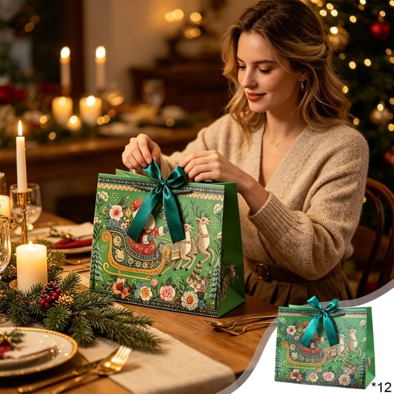 12-Pack Large Christmas Gift Bags, Paper Holiday Tote Bags with Ribbon for Gift Packaging, 9.84 X 7.87 X 4.72 in