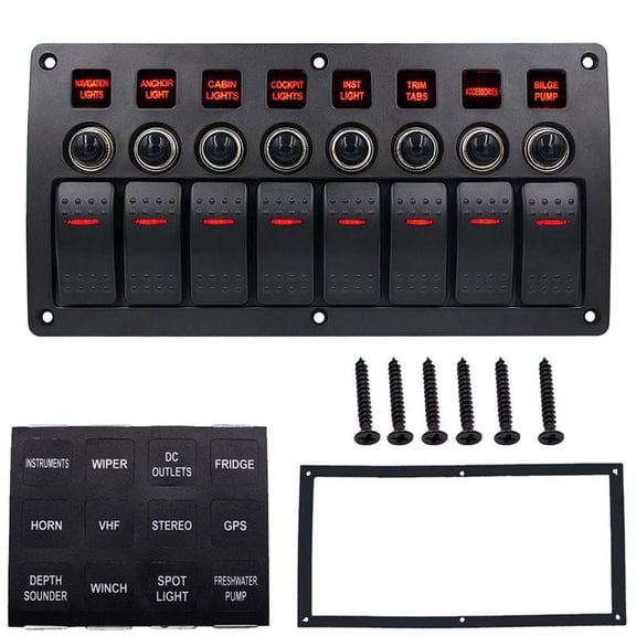 Boat Car Marine Rocker Switch Panel 8 Gang 3PIN & Circuit Breaker Overload Protection Waterproof LED Switch Panel DC12/24V ON- Aluminium Switches