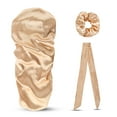thumbnail image 2 of Tssuoun 3 Pieces Satin Sleeping Cap Set Wide Brim Dirty Braided Hair Hat Tie  for Wrap Silky Ponytail Rope Band Care for Women Unisex Champagne Gold, 2 of 8