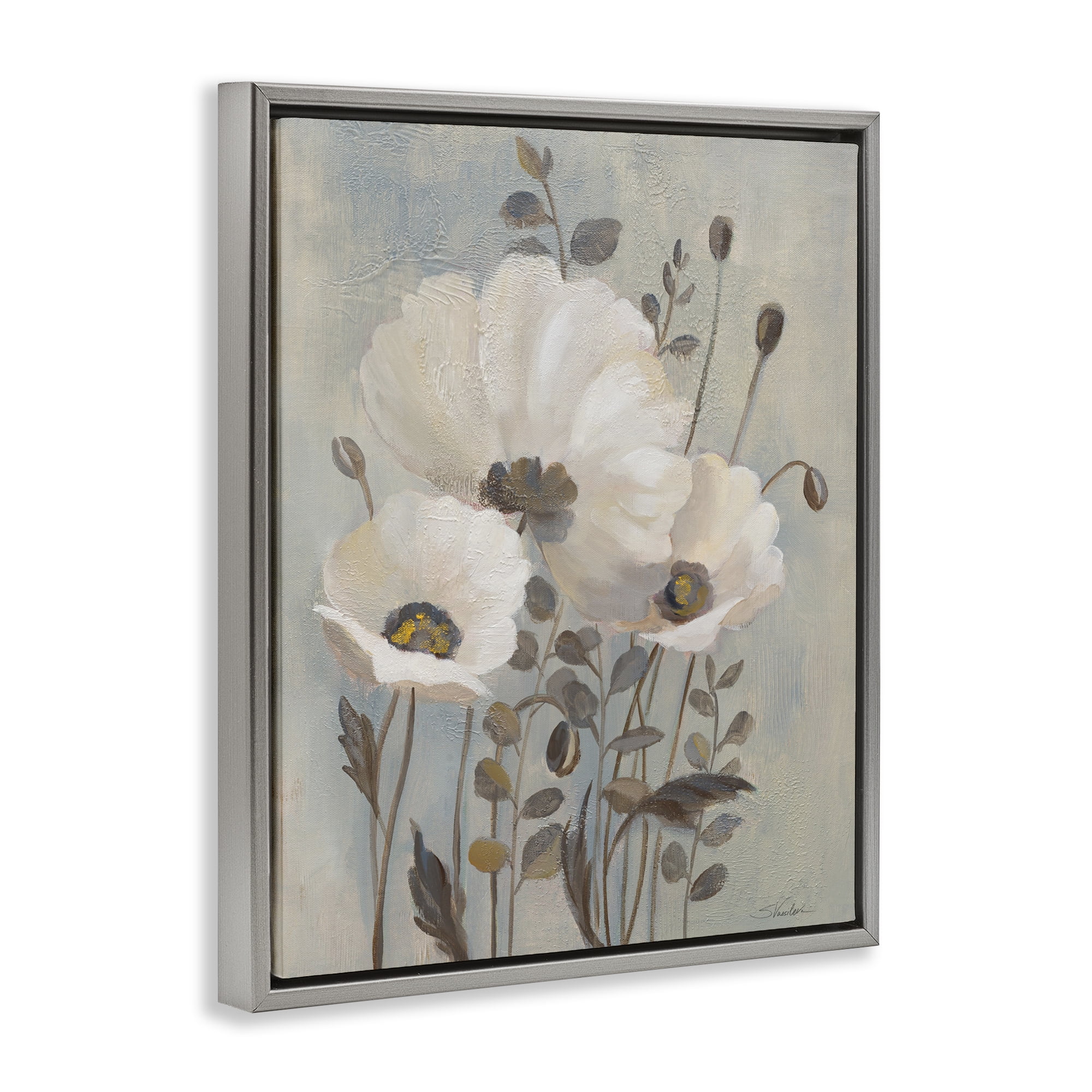 Stupell Industries Traditional Neutral Poppies Botanical & Floral Painting Gray Floater Framed Art Print Wall Art, 25 x 31