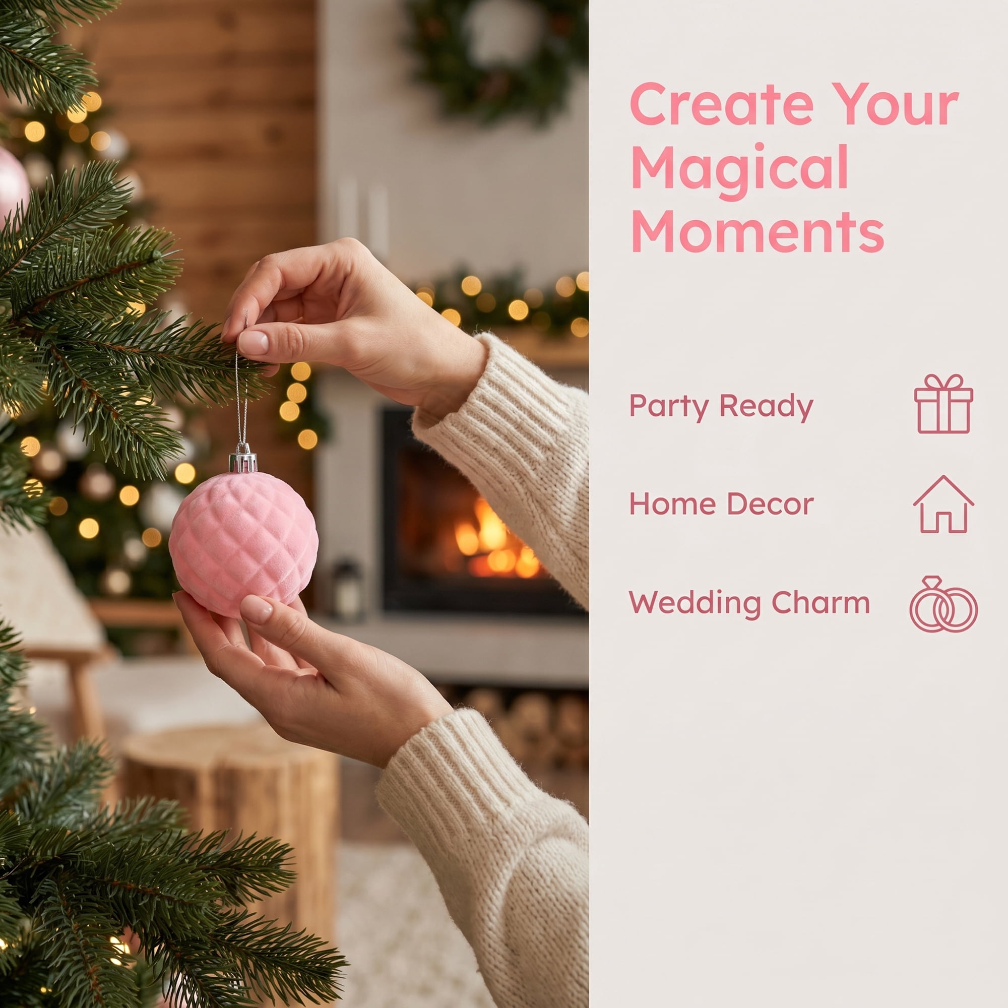 Unique Bargains Velvet Christmas 12 Pack Flocked Sphere Orbs Luxury Ornaments Pink 2.4"