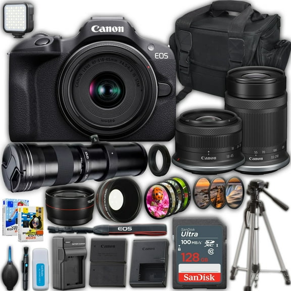 Canon EOS R100 Mirrorless Camera with 18-45mm and 55-210mm Lenses Kit   420-800mm Super Telephoto Lens   SanDisk 128 GB Memory Card   Camera Case   More (International Version)