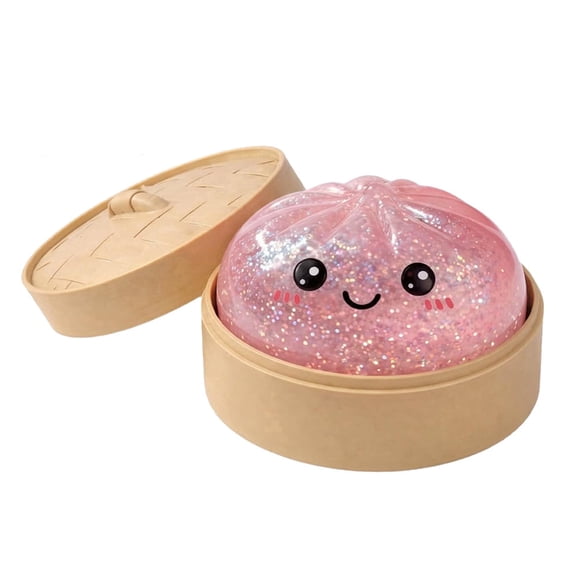 Glitter Dumpling Squishy Toys with Steamer Basket, Cute Soft Sensory Bao Bun Squeeze Ball, Kawaii Fidget Stress Relief Toys for Teens & Adults