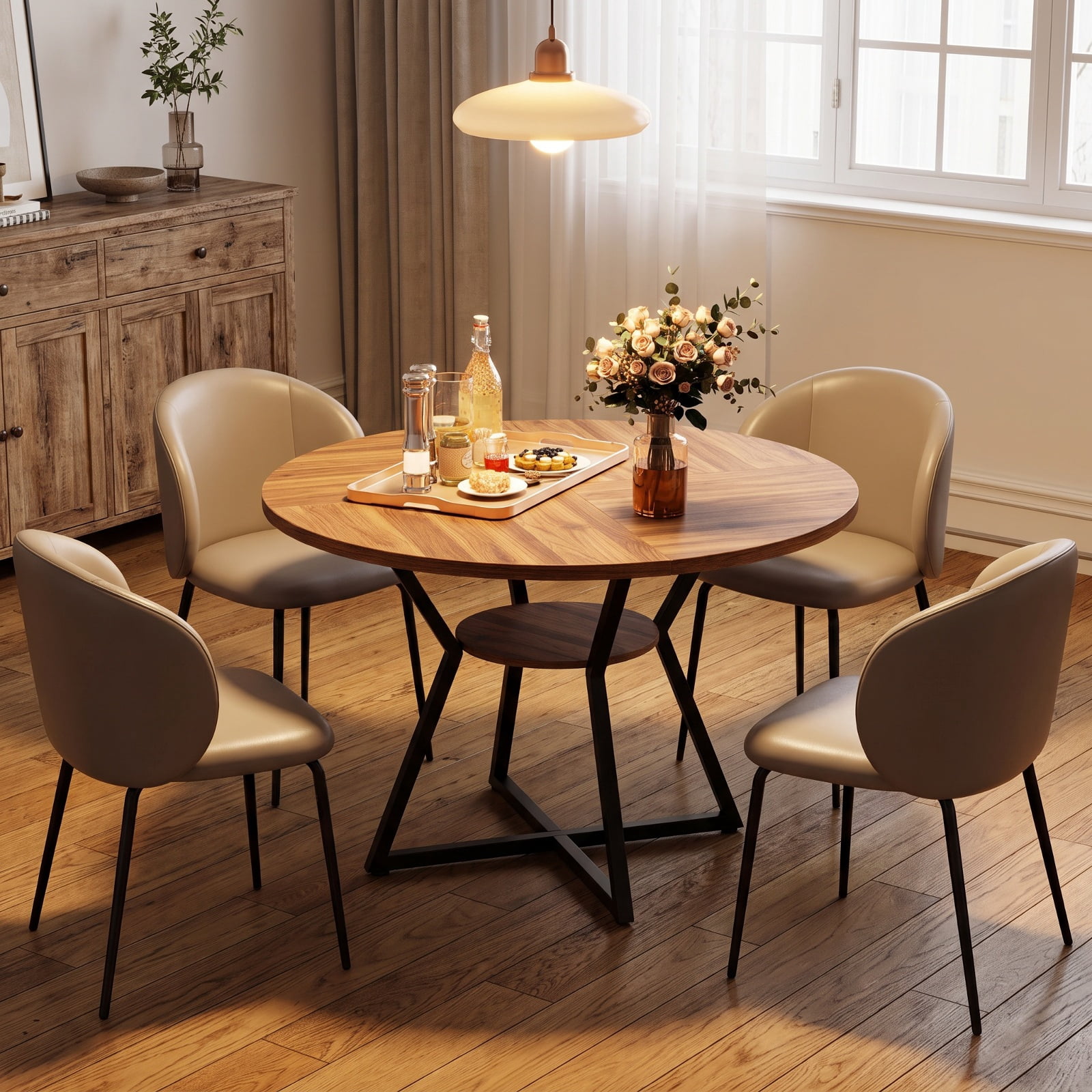 Furnibear 47 Inch Round Dining Table for 4 with Bottom Storage Shelf and Metal Frame