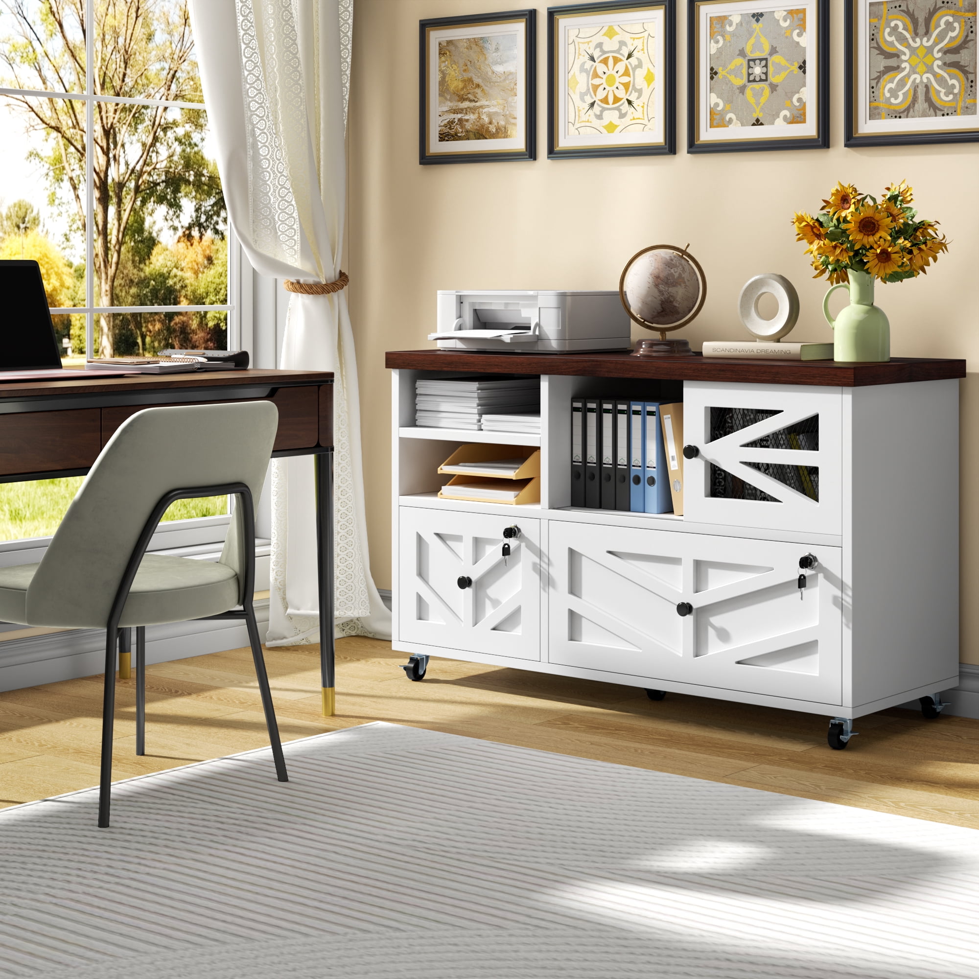 File Cabinet with 2 Lockable Drawers, ETASE Farmhouse Filing Cabinet with Sliding Door and Storage Shelf, Print Stand for A4/Letter, Storage Cabinet for Home Office, White