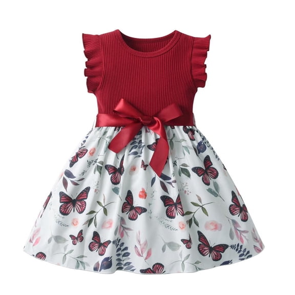 Toddler Baby Girls Casual Dresses Butterfly Floral Ruffled Princess Seaside Beach Dress Outfits Red 18-24 Months