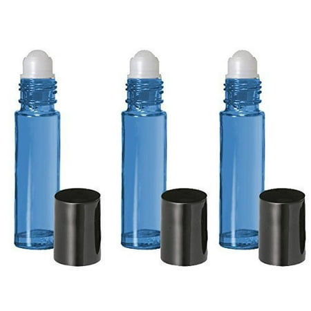 6  Empty Roll On Glass Bottles Light Blue - 10ml Refillable Color Rollerball for Fragrance Essential Oil - Black Cap - 10ml 1/3 oz - Blue
