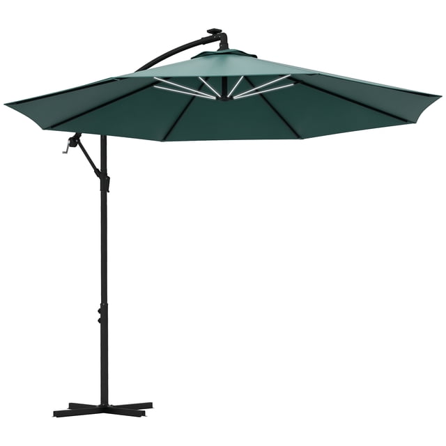 Outsunny Cantilever Patio Offset Umbrella w/ Solar Lights, Base, Green
