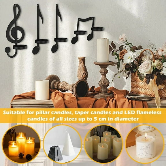4Pc Music Note Candle Holder Black Music Note Wall Sconce Vintage Art Musical Note Style Candle Holders Iron