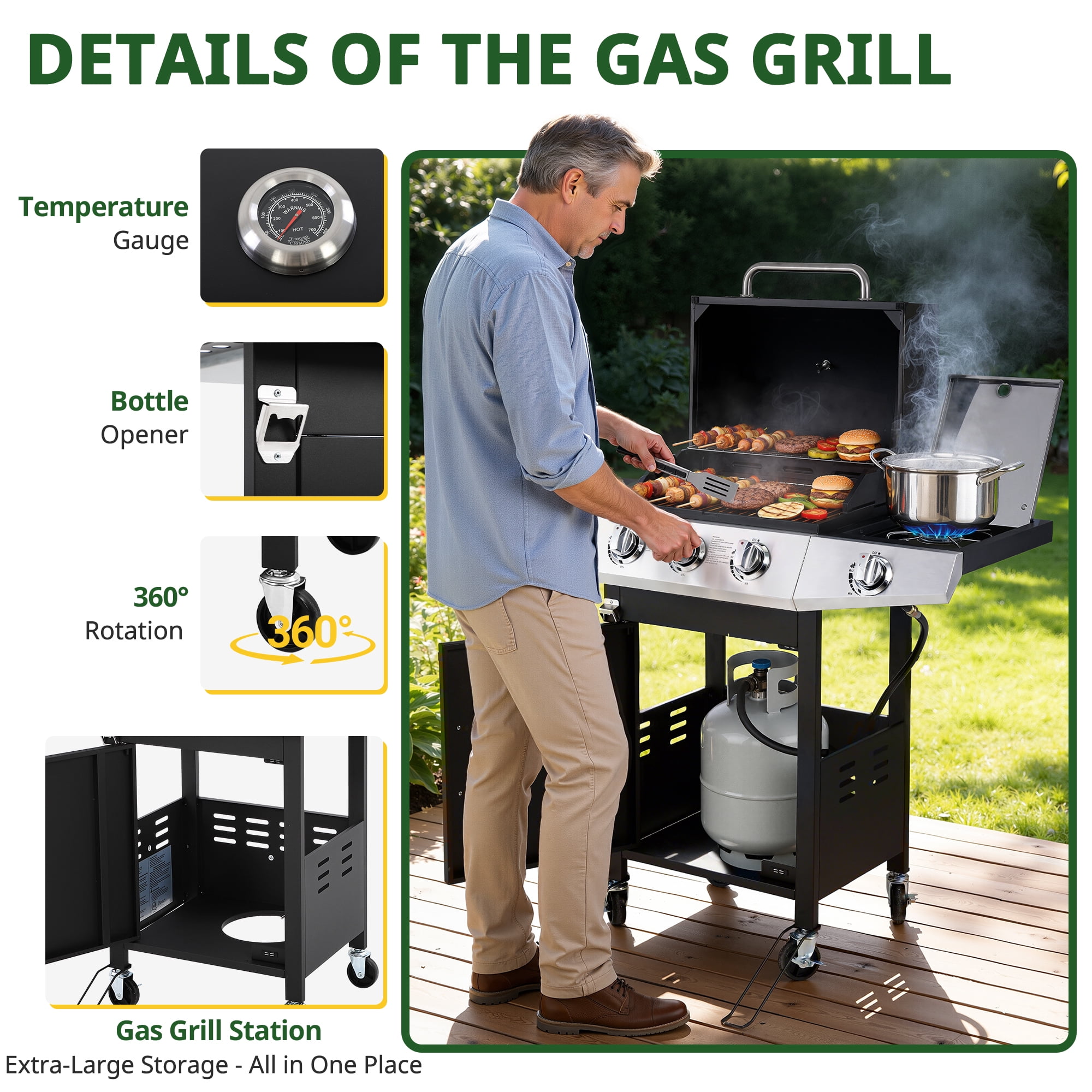 BBQ Grill, Seizeen Gas Grill with Side Burner, 40,000BTU 3-Burner Propane Grill w/Storage Cabinet, Steel Brush, Stainless Steel Camping for Backyard Patio, Portable Design on Wheels
