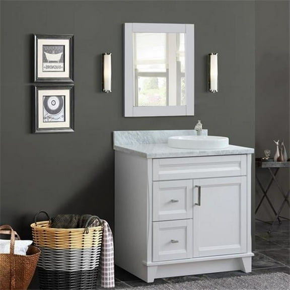 37 in. Single Sink Vanity with Carrara Marble Top, White - Left Round Sink & Right Drawers