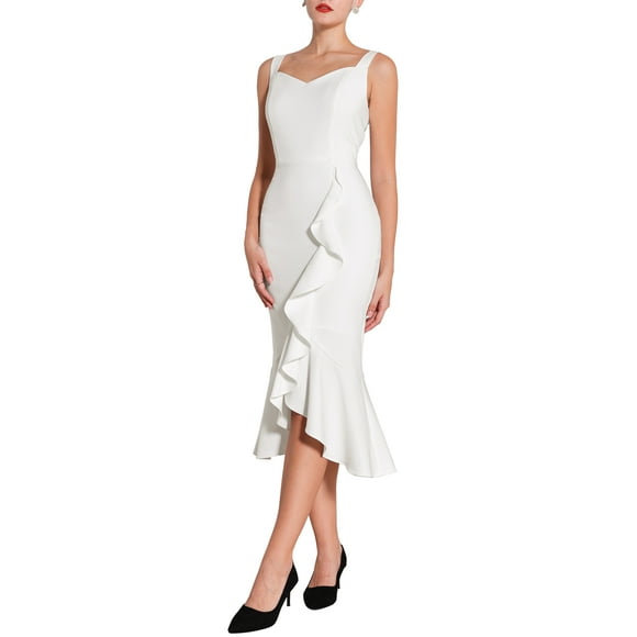 Hobemty Robe Midi Sans Manches à Col Cœur Élégante à Volants pour Femmes TG Beige Blanc
