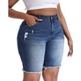 thumbnail image 4 of Gocolloa Women's Plus Size High Waisted Stretchy Jean Shorts 10" Inseam Raw Hem Denim Bermuda Shorts Royal Blue 20W, 4 of 6