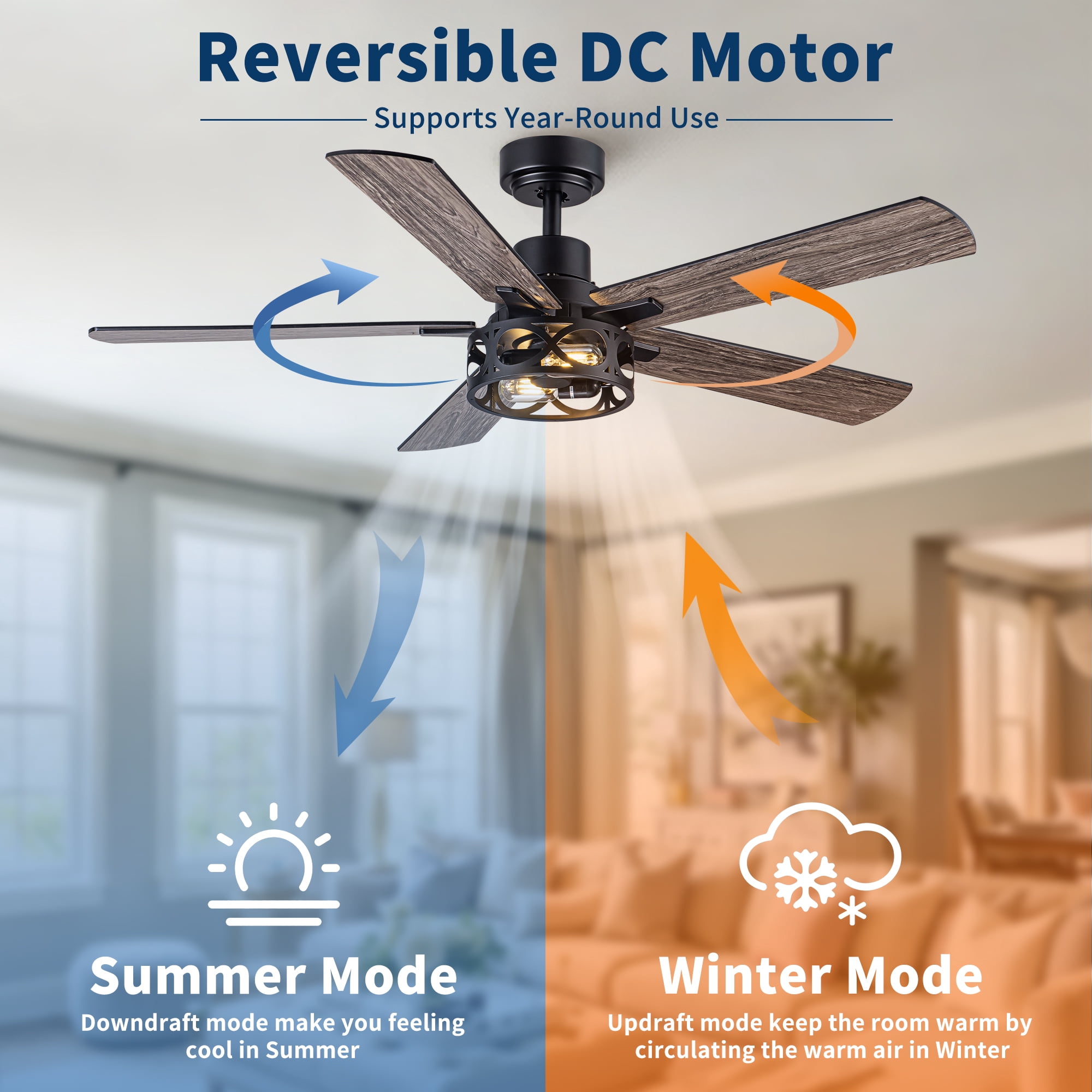 Leumius 52" Modern Farmhouse Industrial Ceiling Fan with Light, Reversible DC Motor, 6‑Speed Timer Remote, Metal Cage, E12 Compatible, Bulbs Not Included for Living Room Bedroom