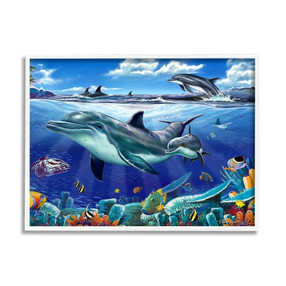 Stupell Industries Dolphins Swimming Bold Coral Reef Coastal Painting White Framed Art Print Wall Art