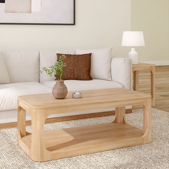 Plank Beam Solid Wood 48" Modern Rectangular Coffee Table with Storage Shelf, Blonde