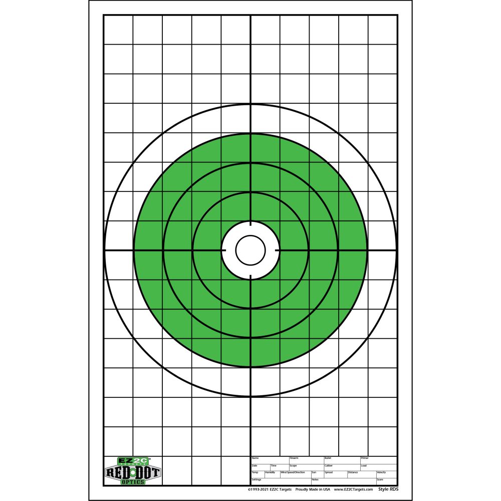 50 EZ2C Red Dot Optics Style 5:  10" Green Shooting Paper Targets 11"x17" (Pack of 50)