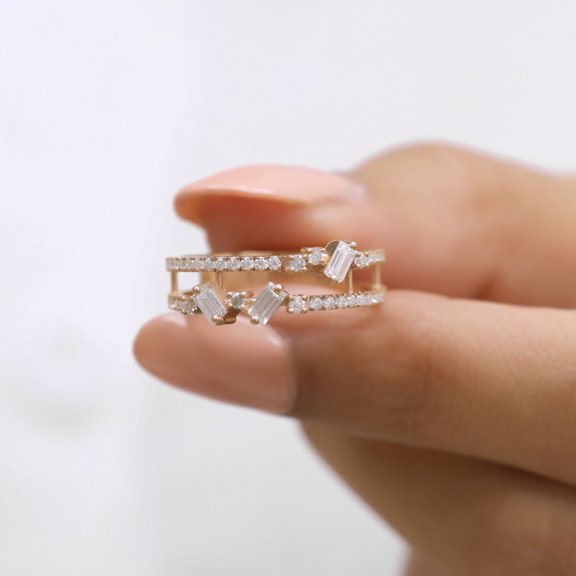 Jewerlegant Baguette Cut Diamond Band with Two Layer Pave Diamonds - Handmade Moissanite Ring