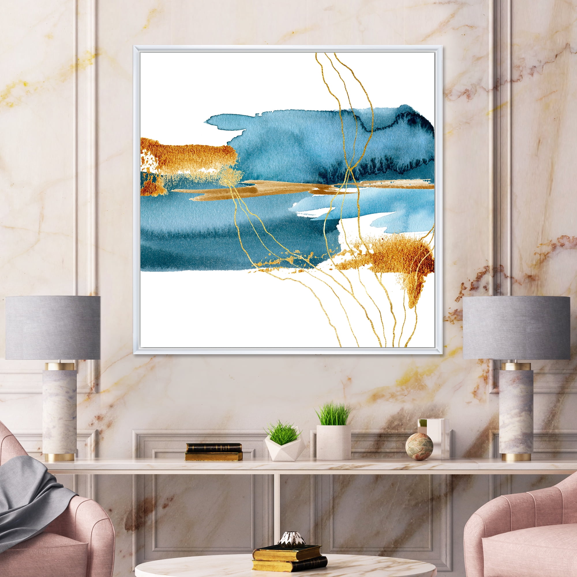 Designart 'Golden Laminaria Branch With Blue Underwater Plant' Modern Framed Canvas Wall Art Print