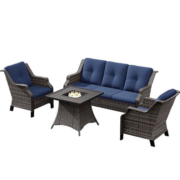 Meetleisure Outdoor Wicker Furniture Sets of 2 Patio Rattan Dining Armchairs with 1 Three-Seat Sofa & 1 Square Cane Fire Pit Table with Grey Rattan, Blue