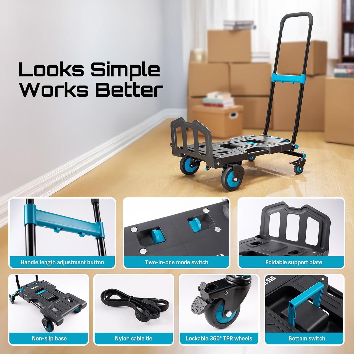Foldable Dolly Cart with Wheels, 330 lbs Max Capacity Portable Hand Cart, 2-in-1 Heavy Duty Folding Hand Truck with Adjustable Retractable Handle for Moving,Delivery, Shopping, Office,Travel Use
