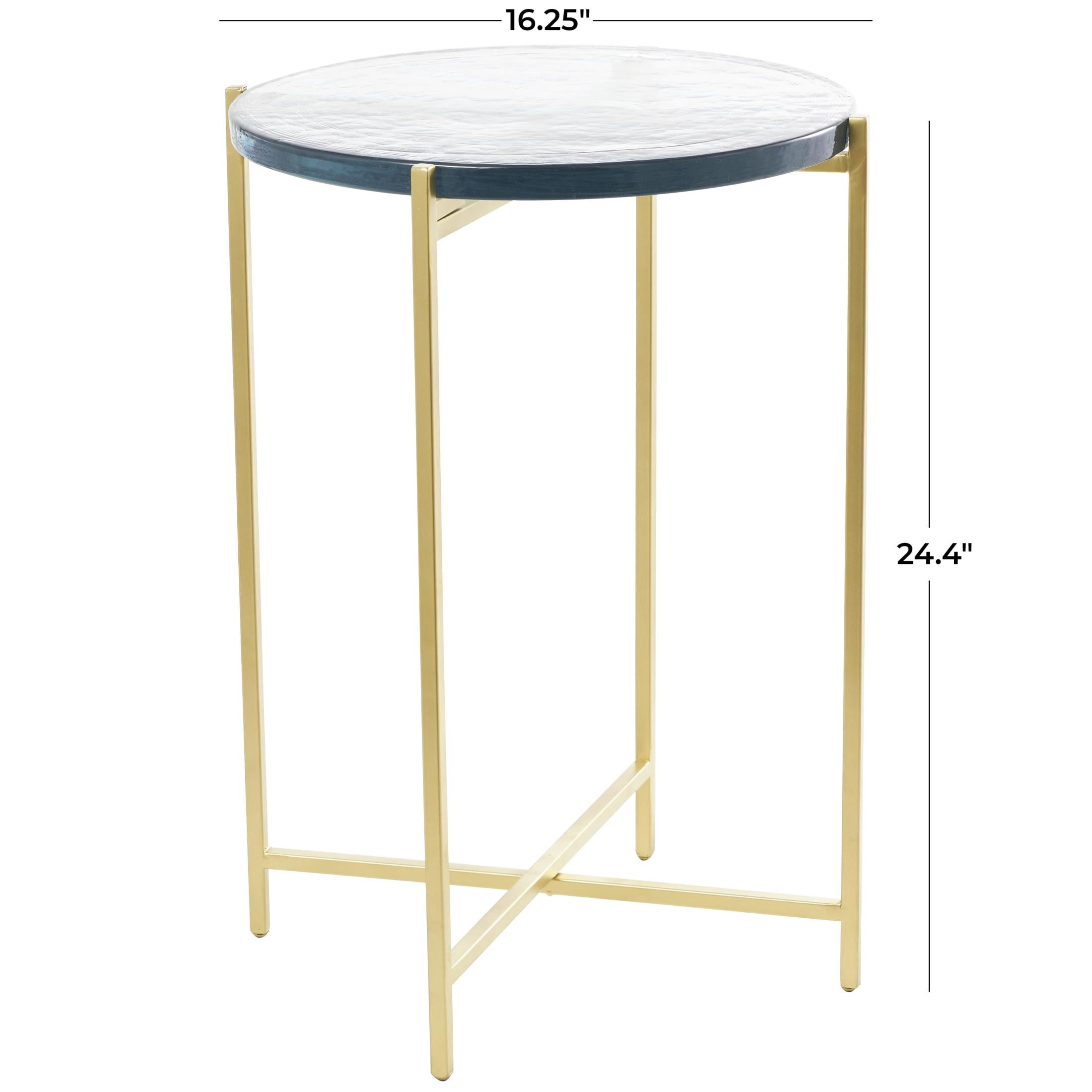 DecMode 16" x 24" Gold Metal X-Shaped Accent Table with Textured Glass Tabletop, 1-Piece
