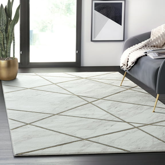 Abani Luna Collection Area Rug Mid Century Modern Bedroom Living Room Decor Floor Rug 8 x 10 White Gold