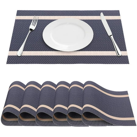 

Placemats Set of 6 Stripe PVC Non-Slip Heat Resistant Placemats Blue