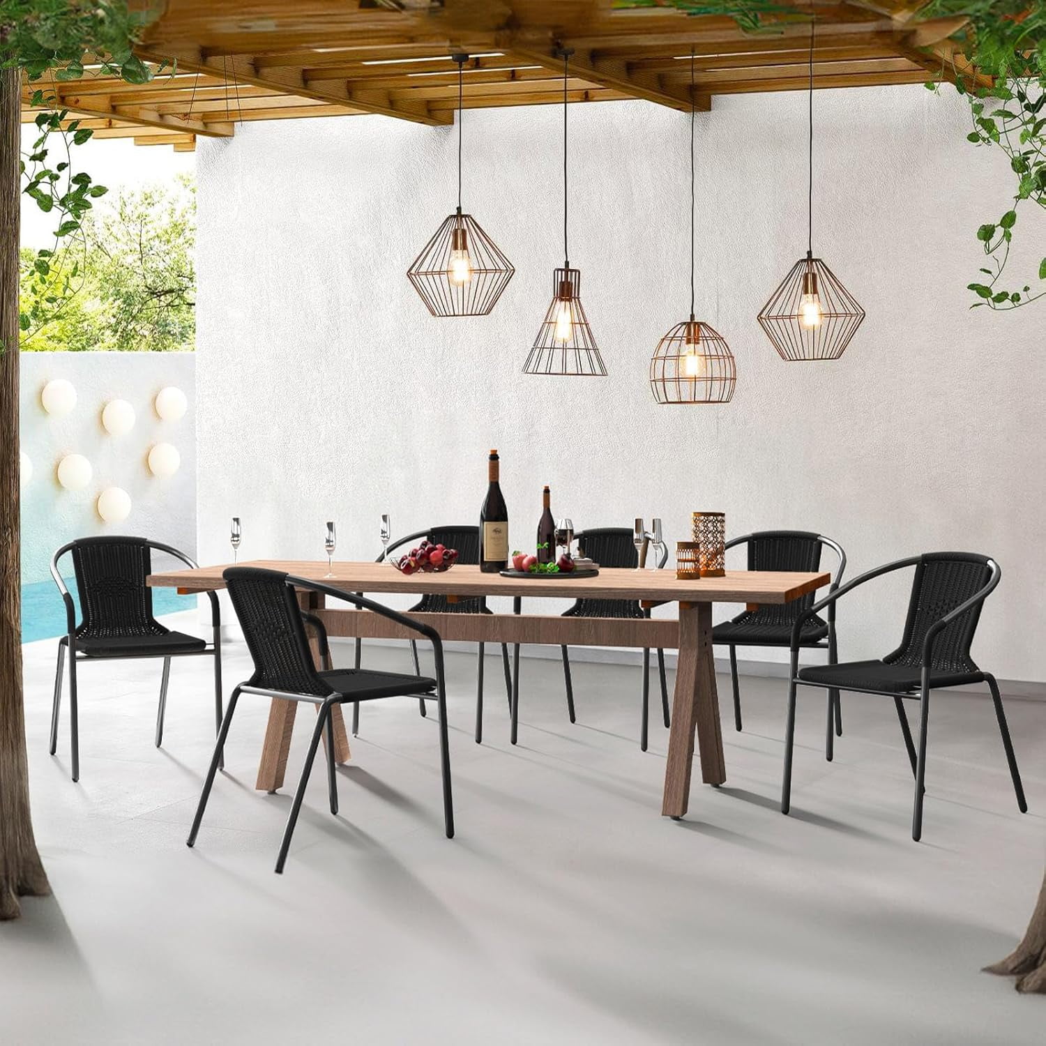 ELPOSUN Outdoor Dining Chairs Set of 6, Wicker Patio Chairs with Metal Frame, Rattan Indoor-Outdoor Chairs for Bistro, Deck, Backyard, Porch, Restaurant Stack Chair 6 Pack (Black)