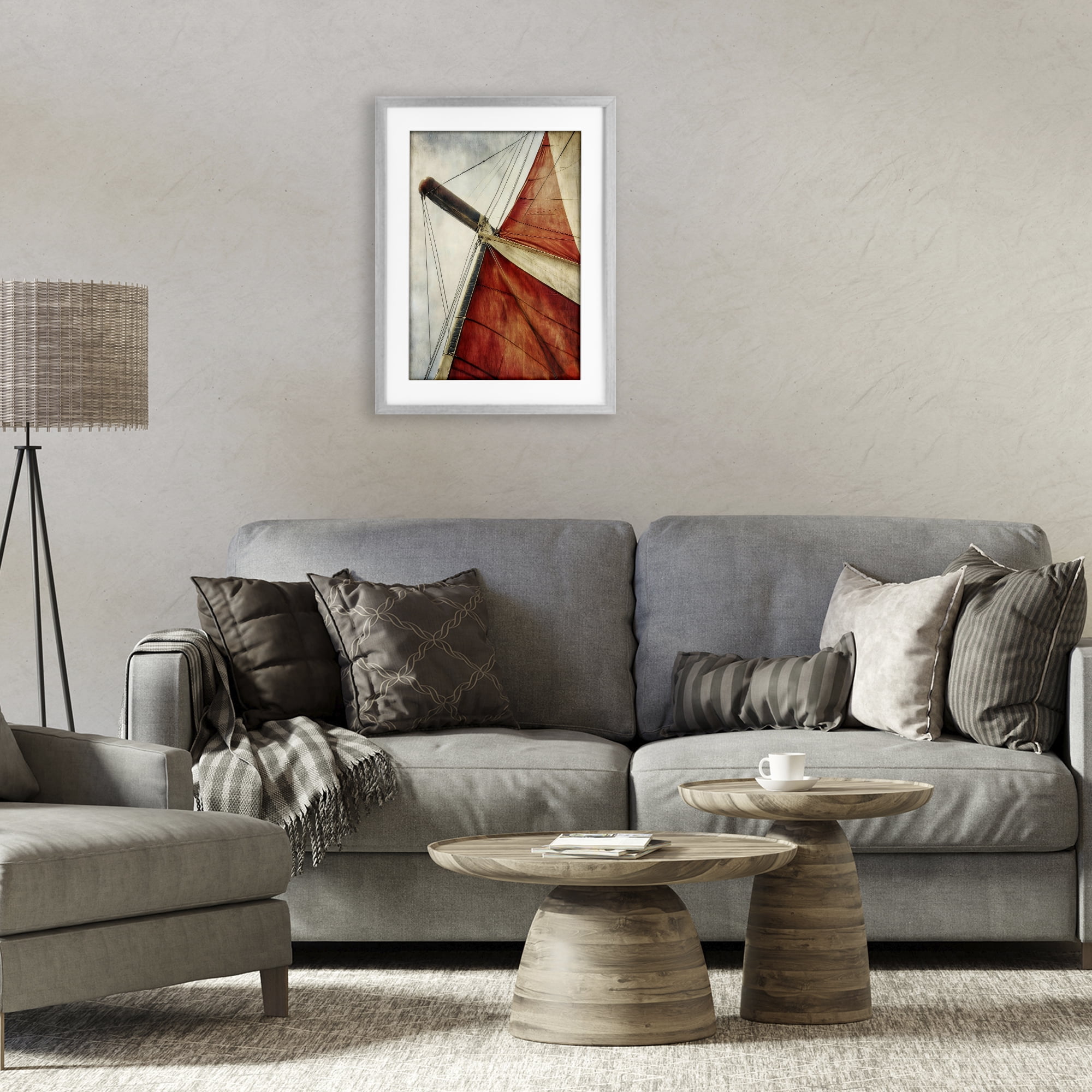 Stupell Industries Red Sail at Sea Gray Framed Print Under Glass, design by Creative Studio