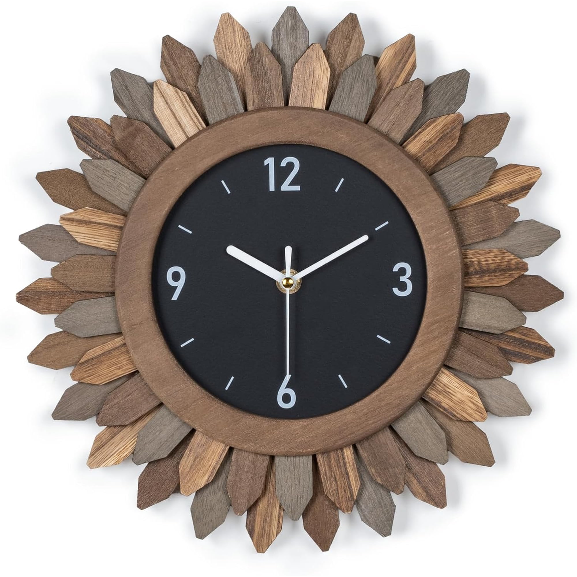 Wall Clock Battery Operated 12 in Rustic Wood Boho Sunburst Decorative Wall Clock Silent Non