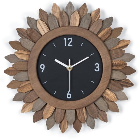 Wall Clock Battery Operated 12 in Rustic Wood Boho Sunburst Decorative Wall Clock Silent Non Ticking Farmhouse Small Wall Clocks for Living Room Kitchen Bathroom Bedroom Decor (Tricolor)