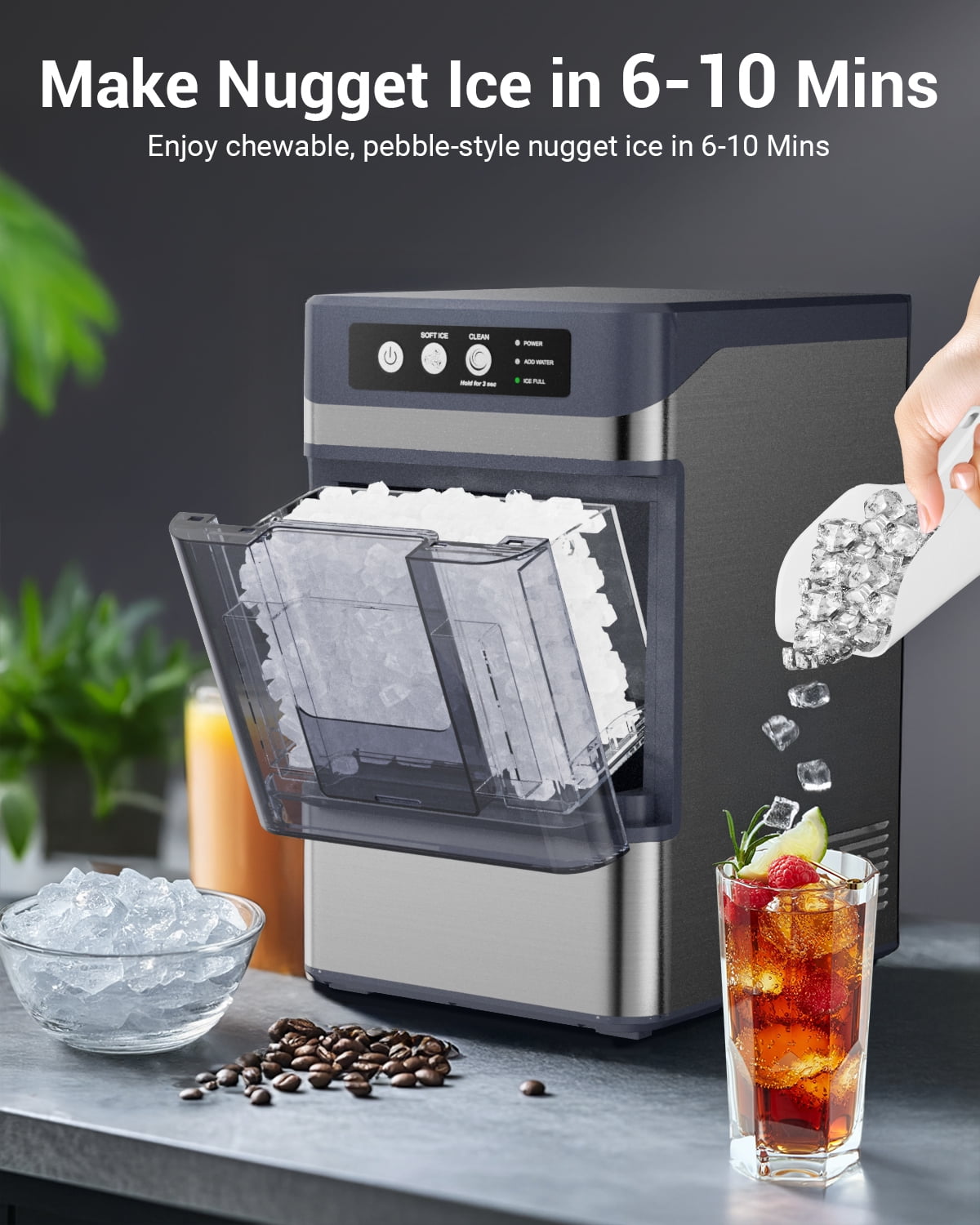 Nugget Ice Makers Countertop, 38Lbs/24H Pebble Ice Machine with Chewable Pellet Ice