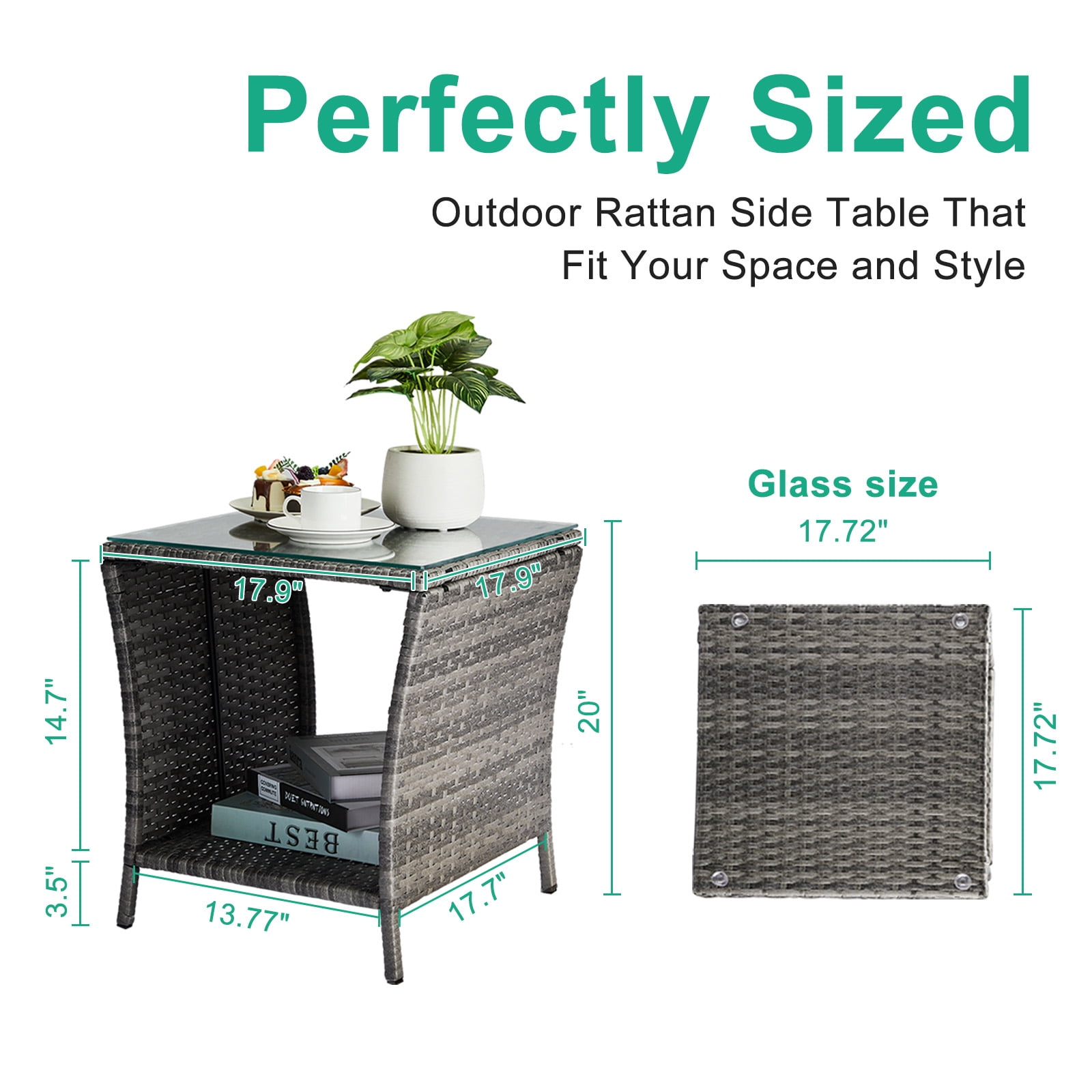 Gray Outdoor PE Rattan Tempered Glass Side Table Sturdy Iron Frame Patio End Table With Storage Shelf Weather Resistant Accent Table For Garden Backyard Balcony Porch Indoor Outdoor Furniture