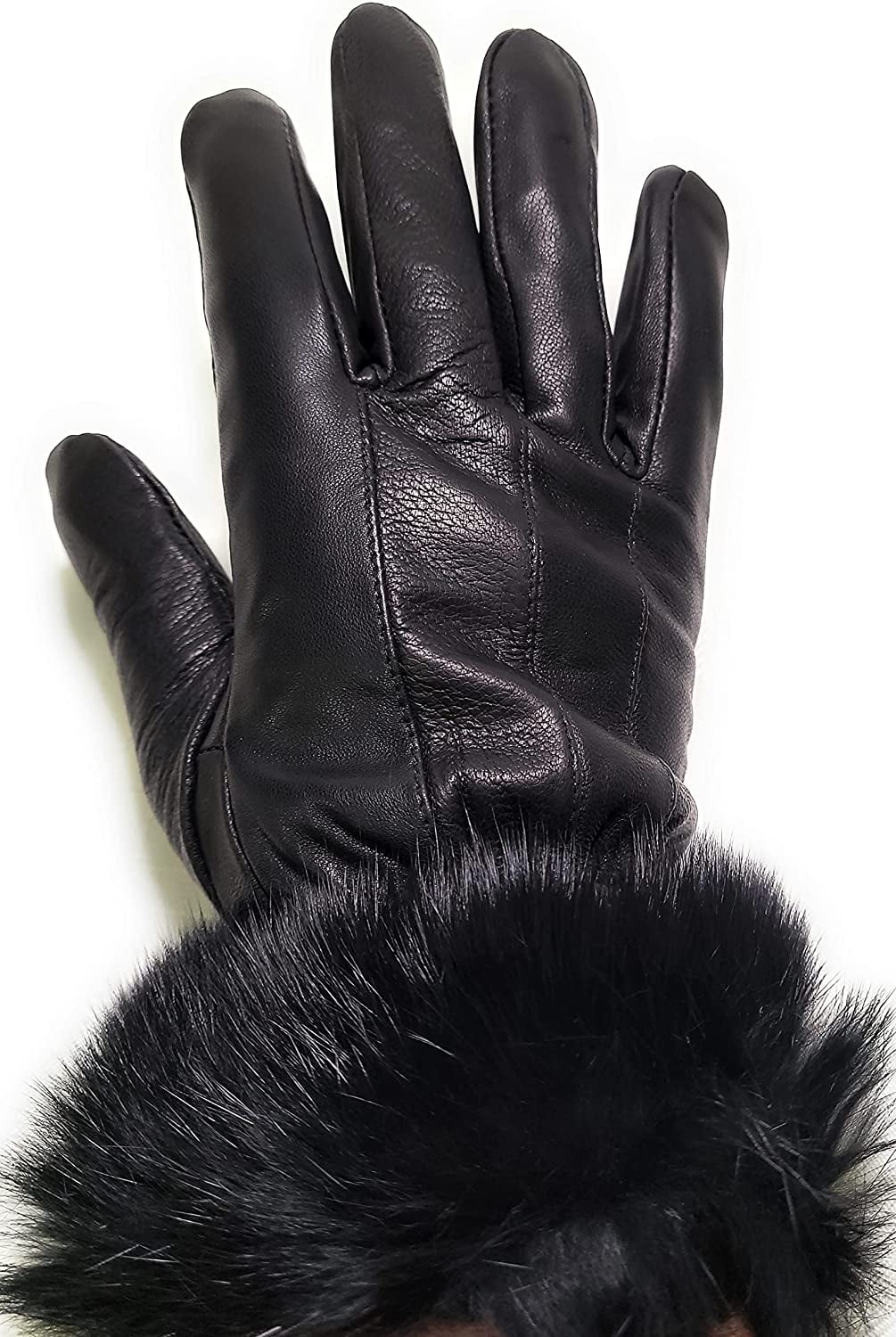 Texcyngoods Adult Womens Black Leather Gloves with Faux Fur Trim for Winter X Large