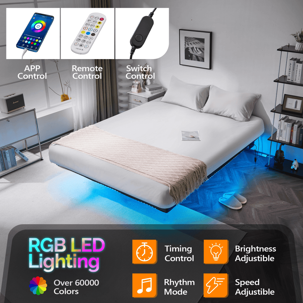 Tcbosik Full Size Floating Bed Frame, Heavy Duty Platform Bed with Power Outlet and LED Strip Light, Easy Assembly, Black