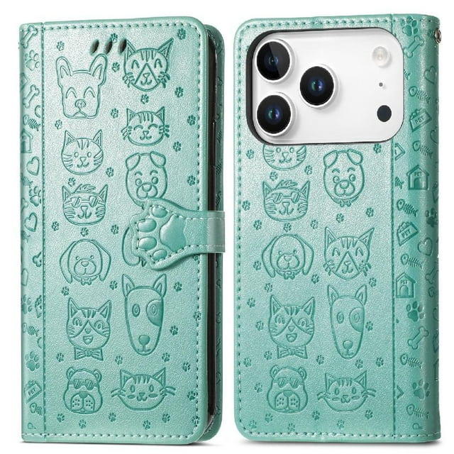 Funda Cartera FOXDOCK para iPhone 17 Pro Max , Flip PU con Relieve de Gatos y Perros, Tarjetero y Soporte